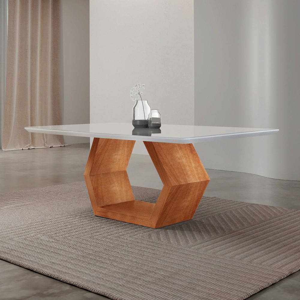 Mesa de Jantar 180cm X 80cm Tampo Madeira com Vidro Sarah Cinamomo Imbuia/ Laqueado Off White