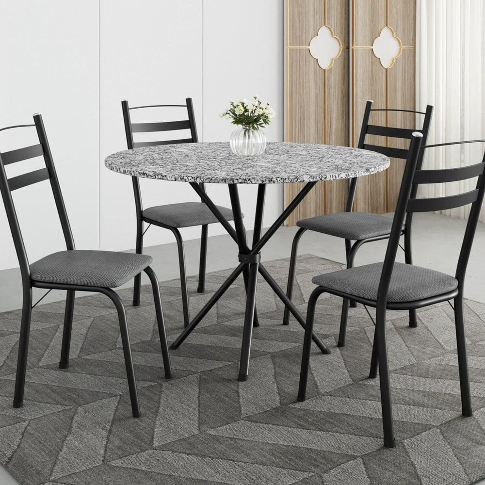 Conjunto de Mesa Redonda 80cm X 77cm com 4 Cadeiras Leia Preto/Platina/Ocre