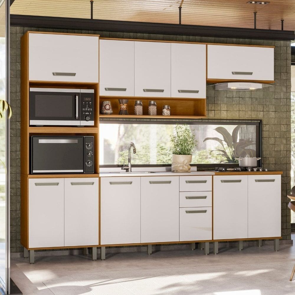 Cozinha Modulada Completa 5 Peças 12 Portas 2 Gavetas com Balcão Pia Criare Freijó/Off White Acetinado