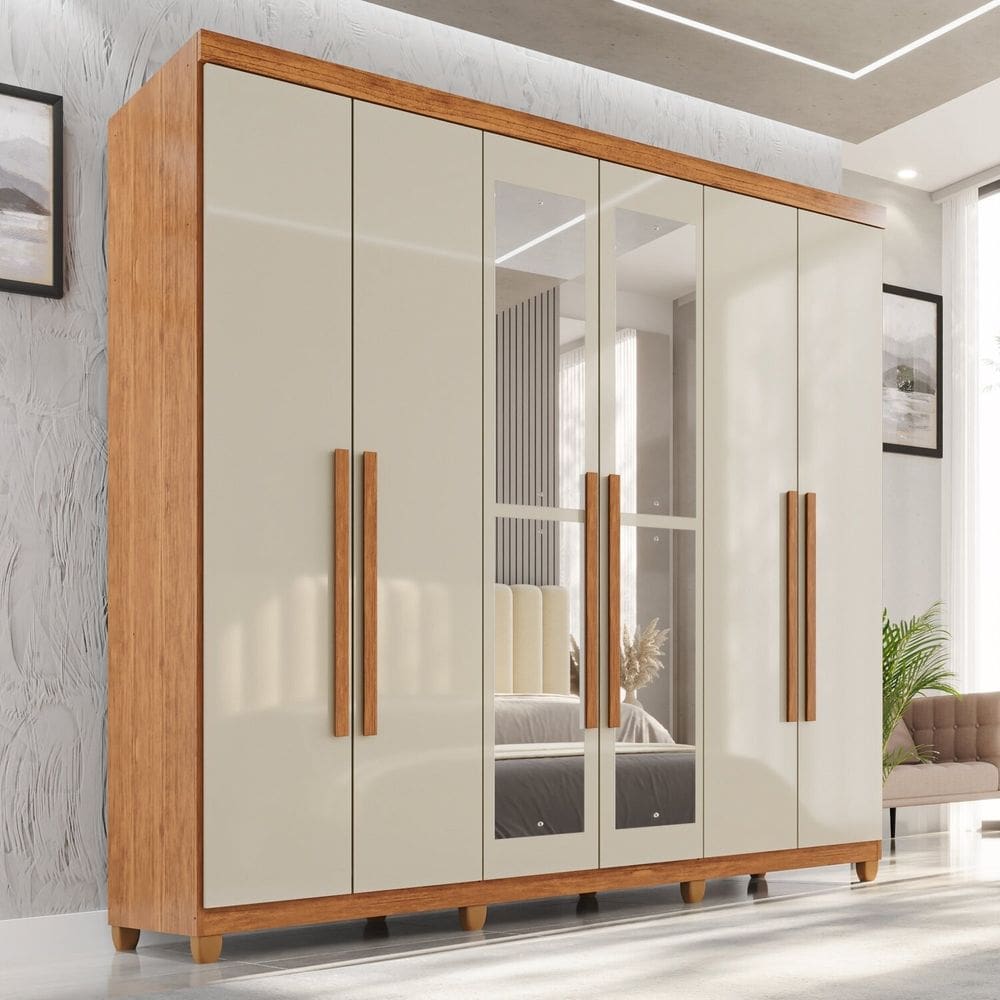 Guarda-roupa Casal com Espelho 6 Portas 2 Gavetas com Pés 100% Mdf Nápoles Yescasa Cinamomo / Off White