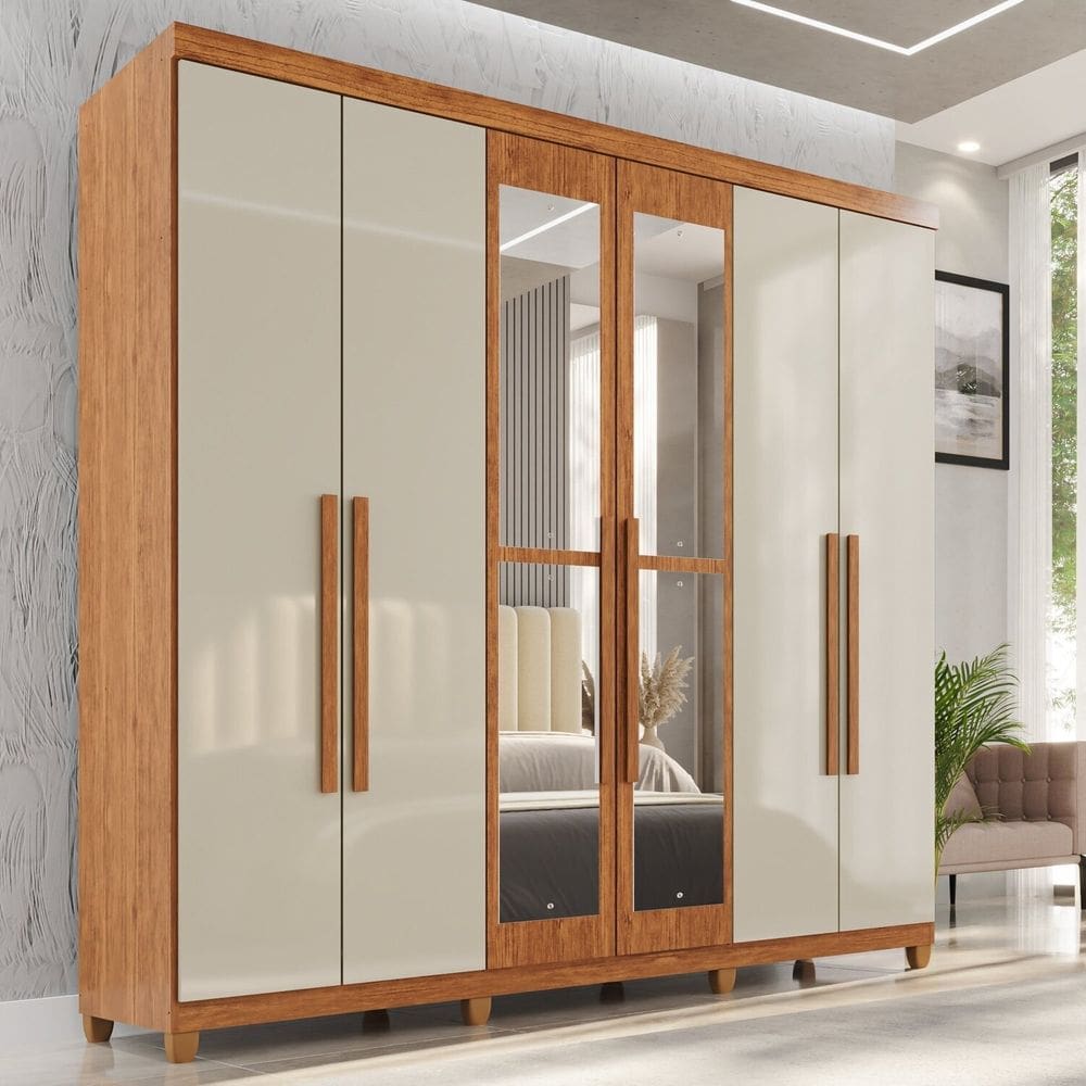 Guarda-roupa Casal com Espelho 6 Portas 2 Gavetas com Pés 100% Mdf Nápoles Yescasa Cinamomo / Off White