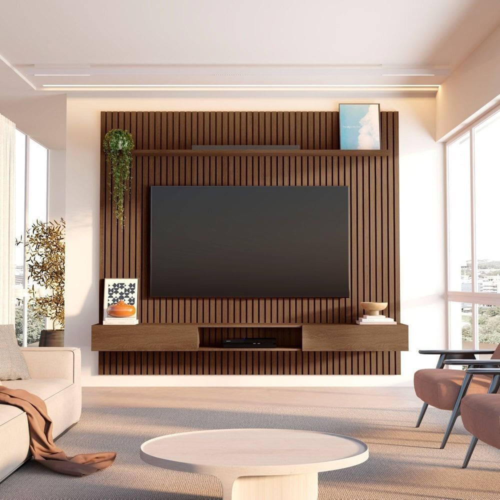 Rack com Painel Ripado para Tv até 85 Polegadas 230x250cm 100% Mdf Aloe Cabecasa Madeiramadeira Cedro