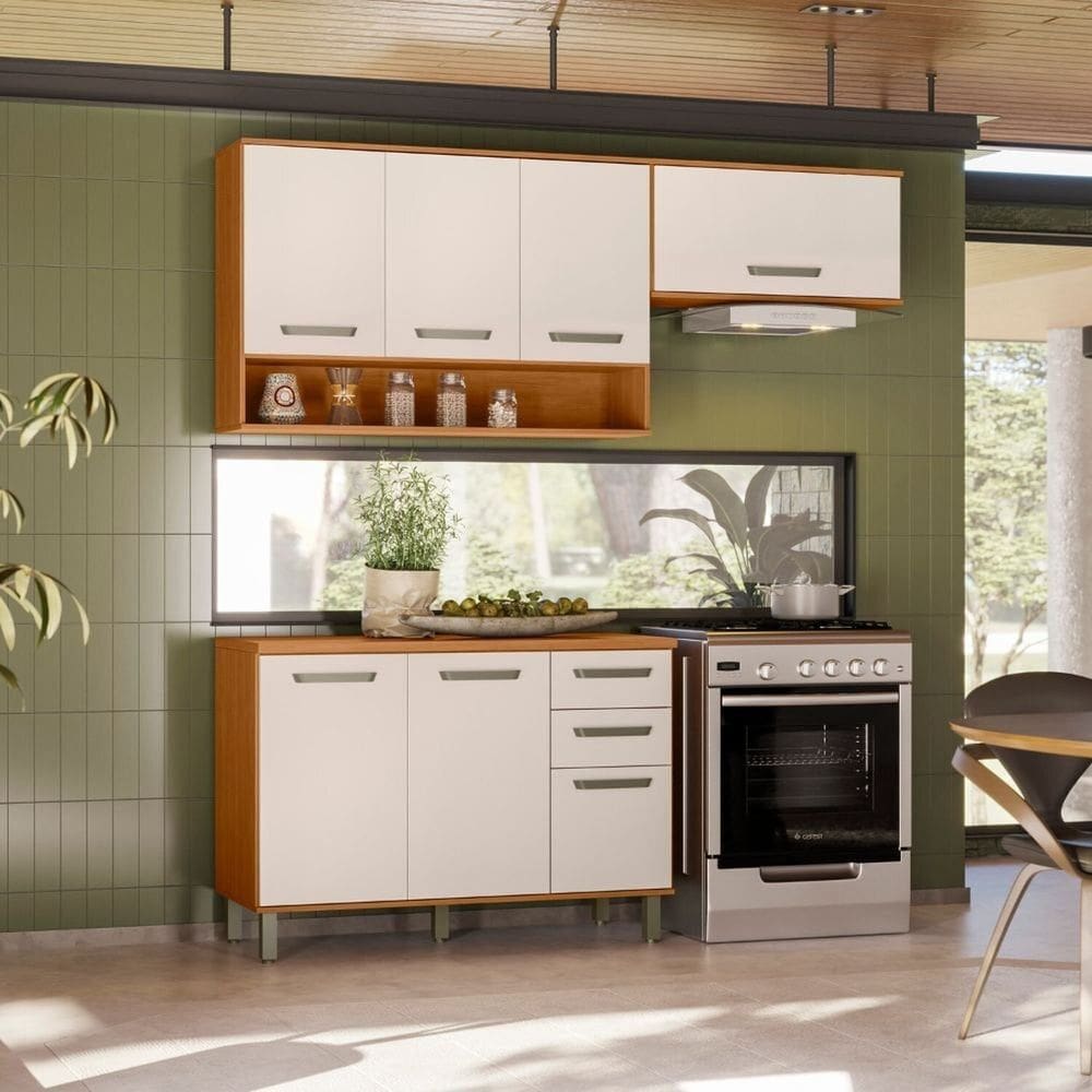 Cozinha Modulada Completa 3 Peças 7 Portas 2 Gavetas com Balcão Tampo Criare Freijó/Off White Acetinado