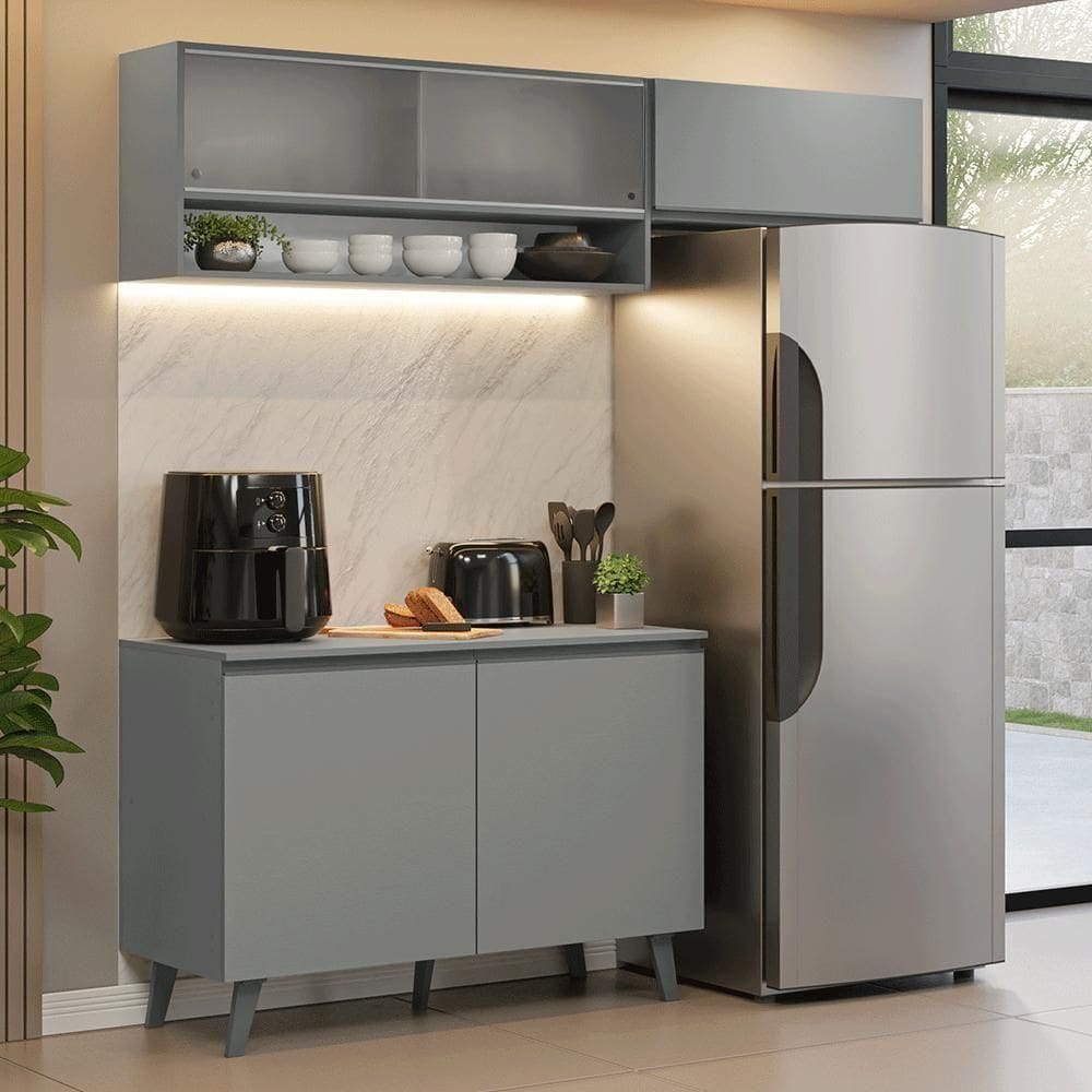 Armário De Cozinha Compacta 200cm Nice Madesa XA09 Cinza