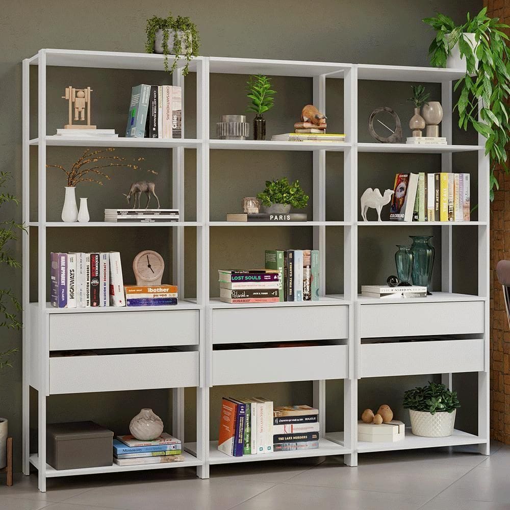 Estante Armário Multiuso Para Livros 6 Gavetas 12 Prateleiras 210cm Madesa Branco