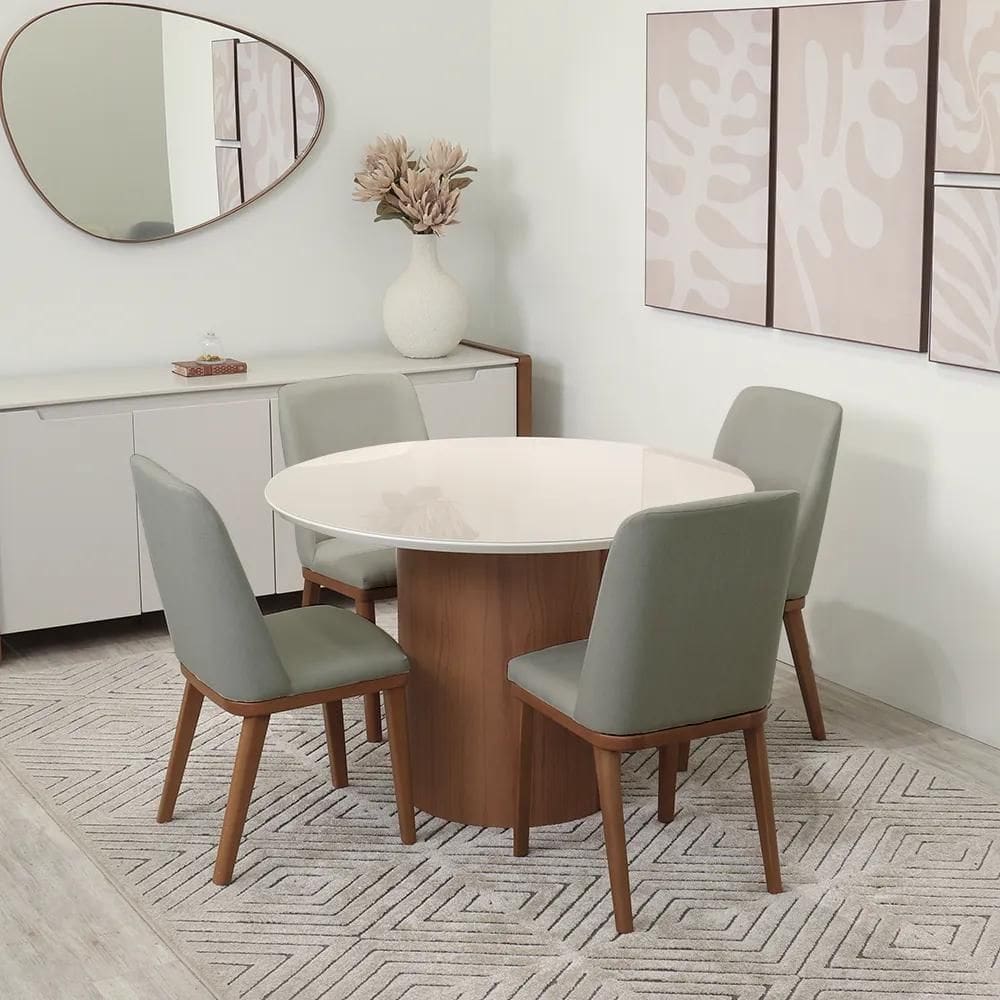 Conjunto de Jantar Mesa Redonda com Vidro 4 Cadeiras Kalina - Canella c/ Carbono