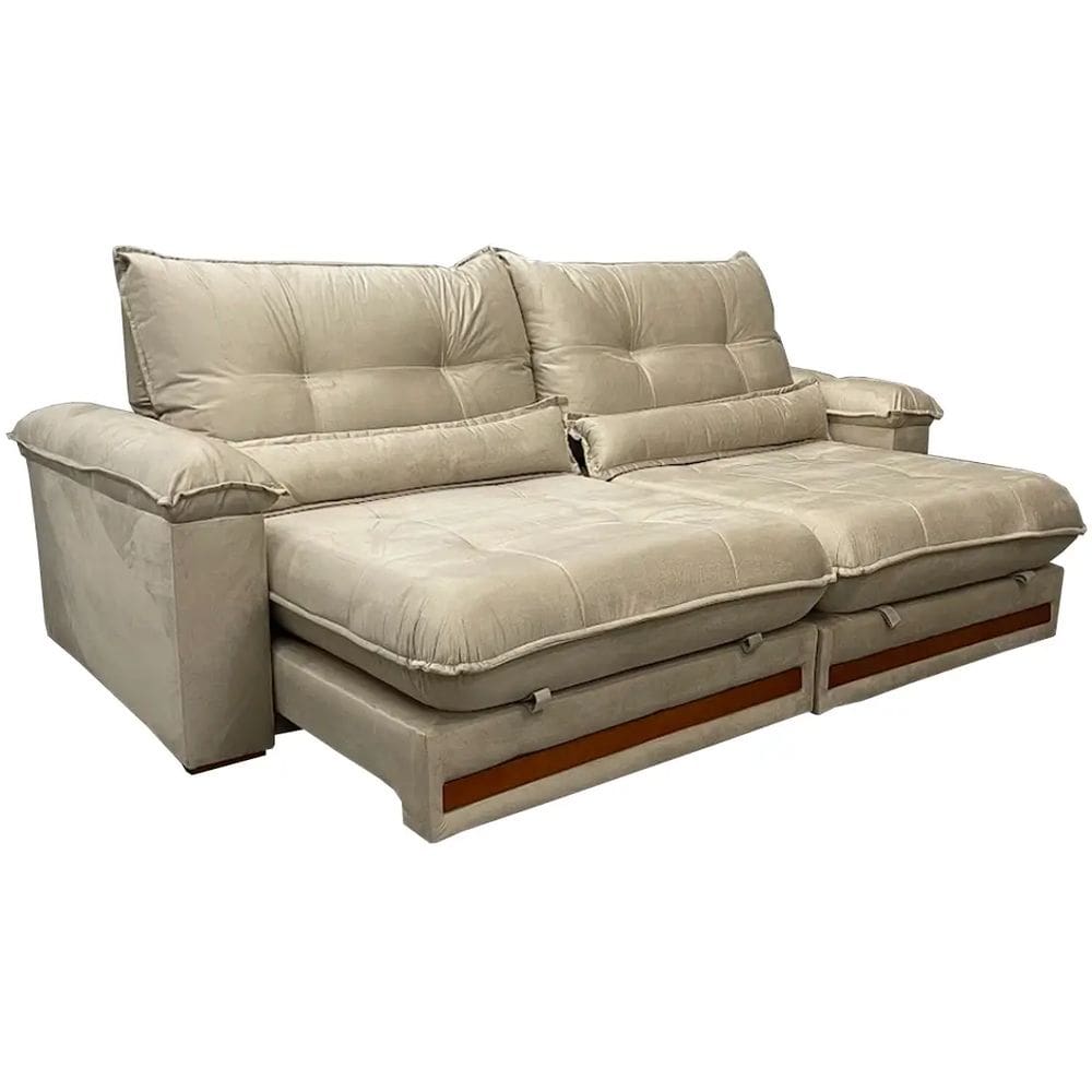 Sofá Qatar com Molas Ensacadas 4 Lugares Retrátil e Reclinável 240cm Tecido Veludo Trevo Cor Bege