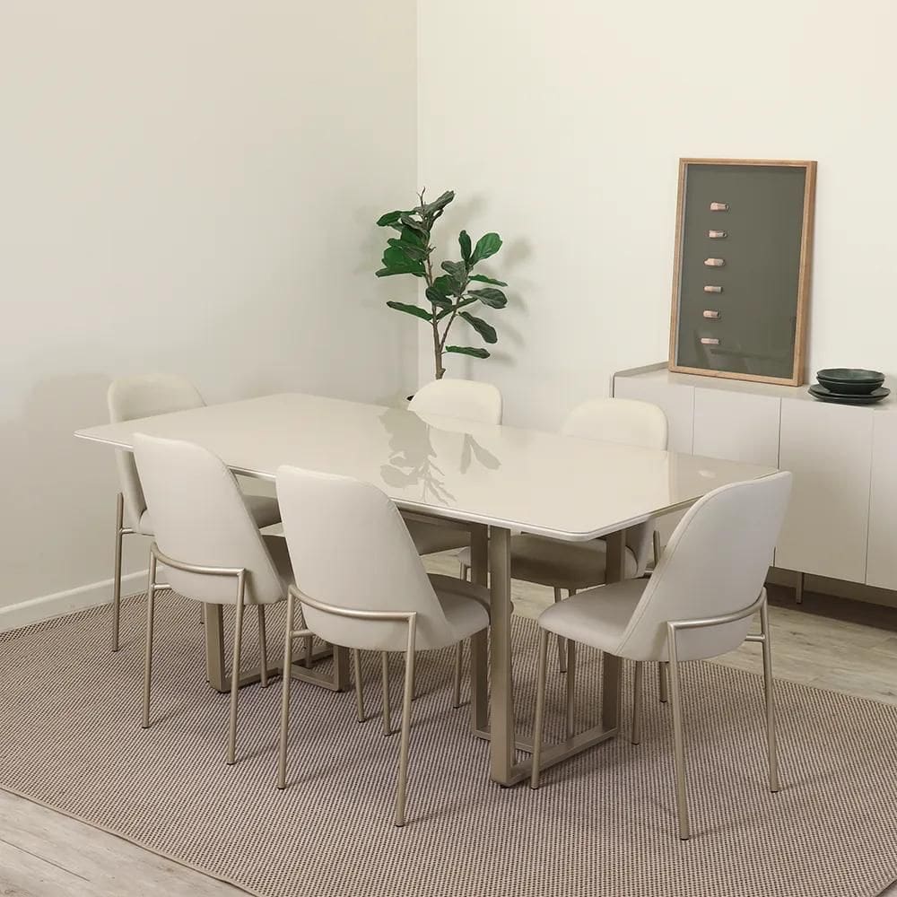 Conjunto de Jantar Mesa Retangular com Vidro Arcádia 6 Cadeiras Lucille - Champanhe c/ Off White