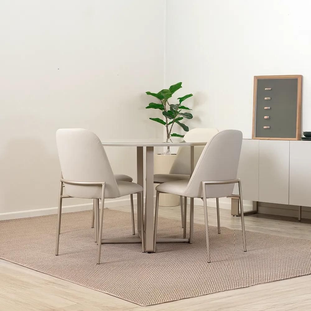 Conjunto de Jantar Mesa Redonda com Vidro Arcádia 4 Cadeiras Lucille - Champanhe c/ Off White