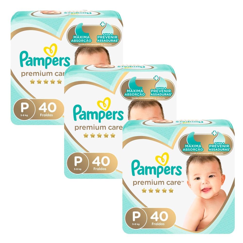 Kit 3 Fralda Pampers Premium Care Pacote Mega Tamanho P 40 Fraldas Descartáveis