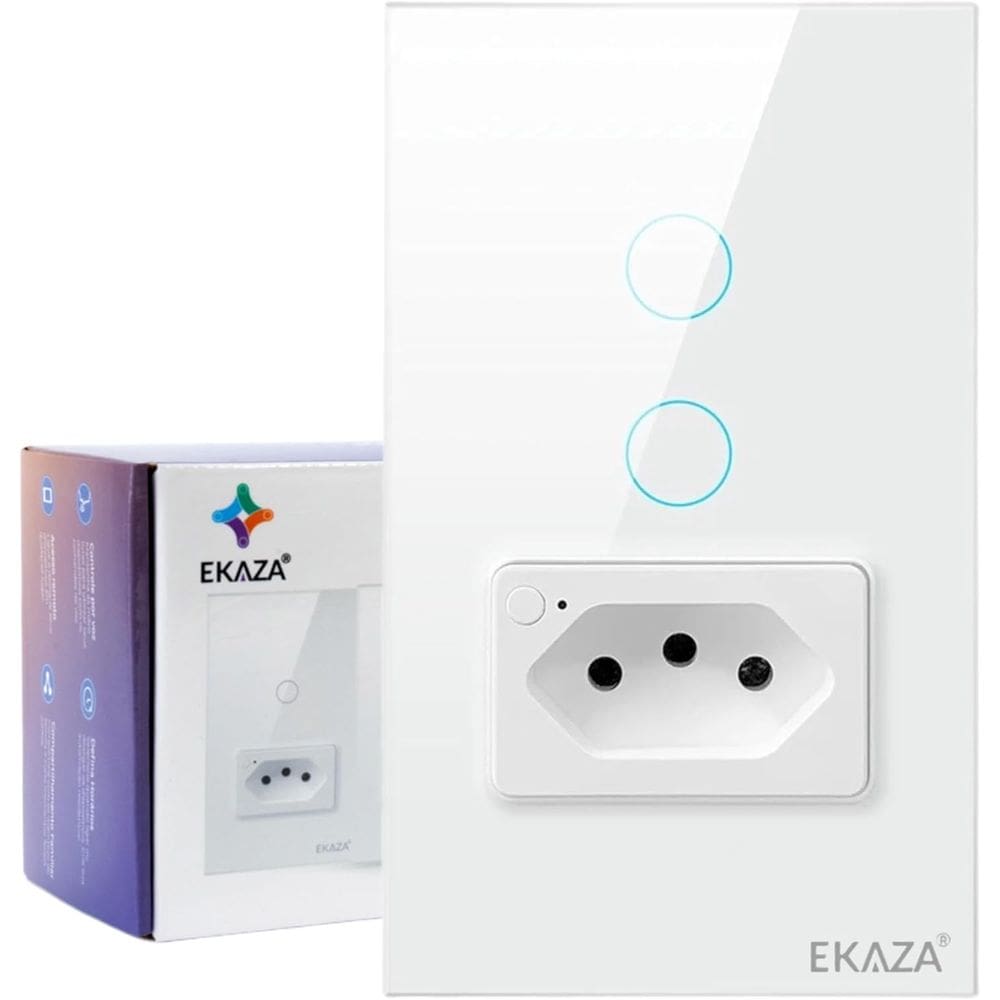 Interruptor Inteligente 2 Botões Touch C\ Tomada 20A Wi-Fi Branco Google Home e Alexa EKAT-T218-2WB