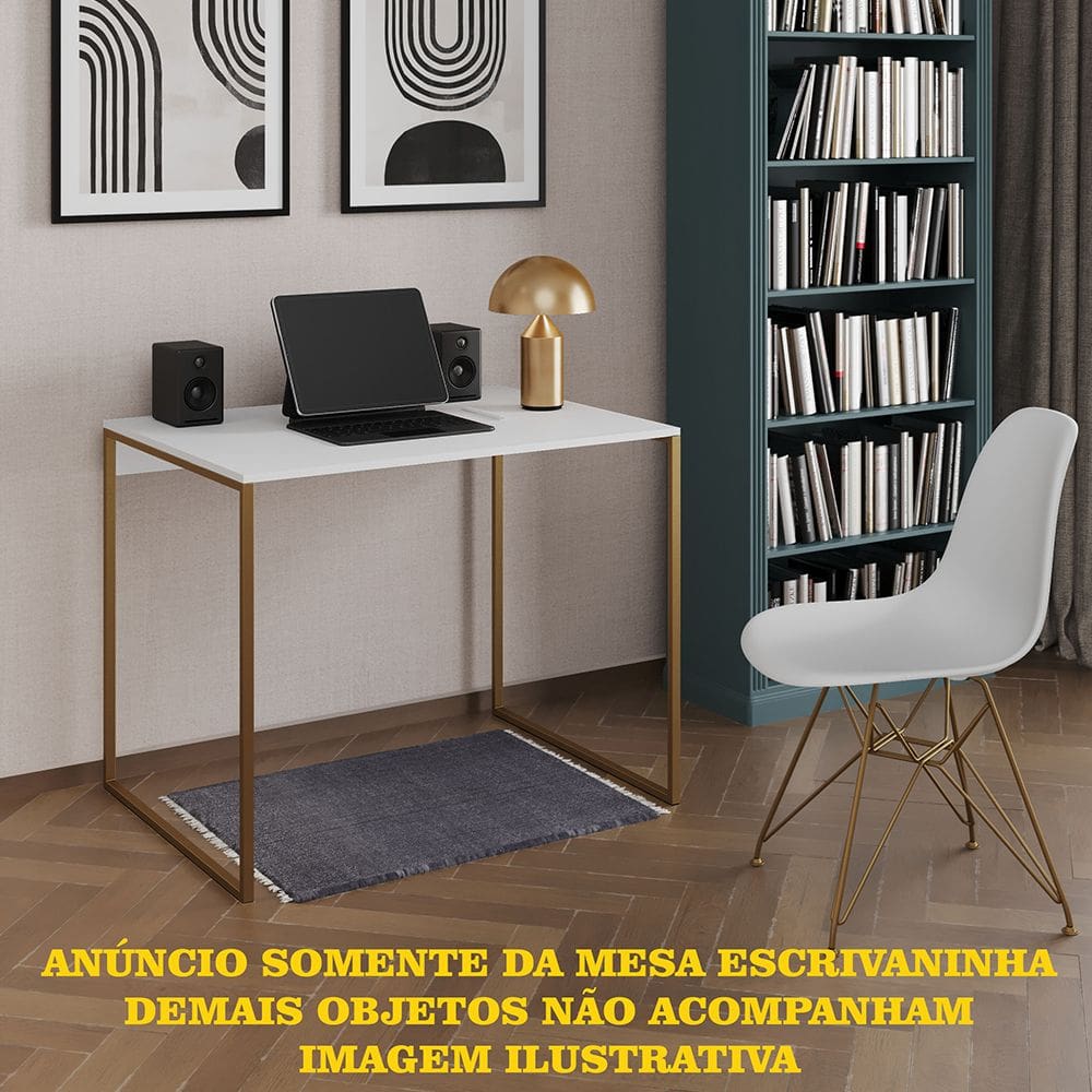 Escrivaninha Industrial Office Branca 90x53 Grécia Base Dourada