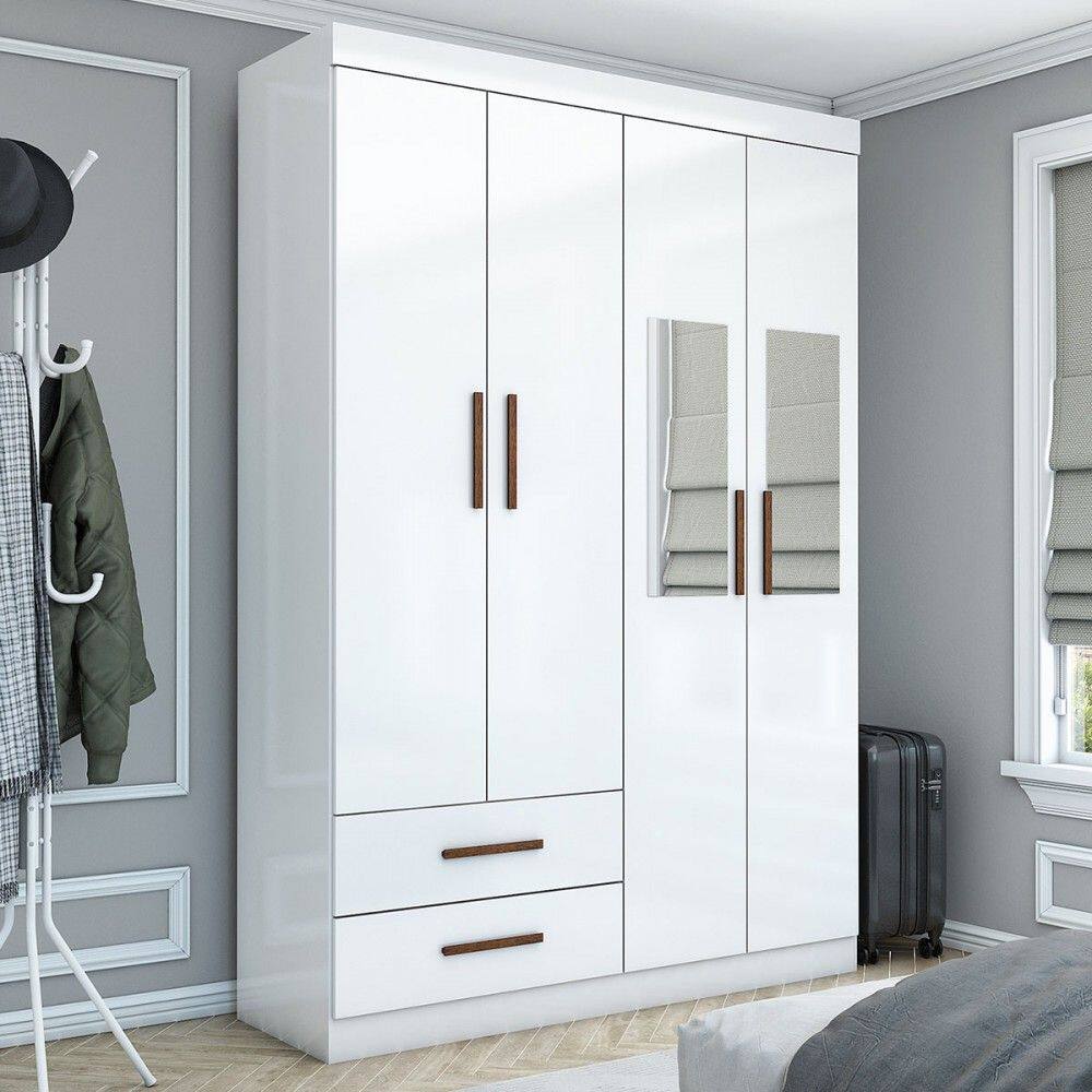 Guarda-Roupa Solteiro Genova 4 Portas 2 Gavetas com Espelho Branco - Carioca Móveis