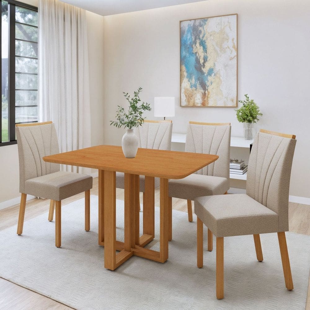 Conjunto Sala de Jantar Mesa Bold 120cm Tampo sem Vidro e 4 Cadeiras Pés Madeira Maciça Jade Amêndoa Clean/Naturale/Creme