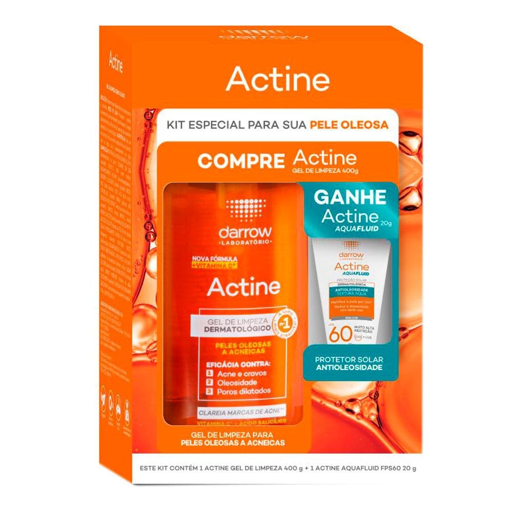 Kit Actine Darrow Gel de Limpeza 400g e Ganhe Actine Aquafluid Antioleosidade FPS 60 Sem Cor 20g