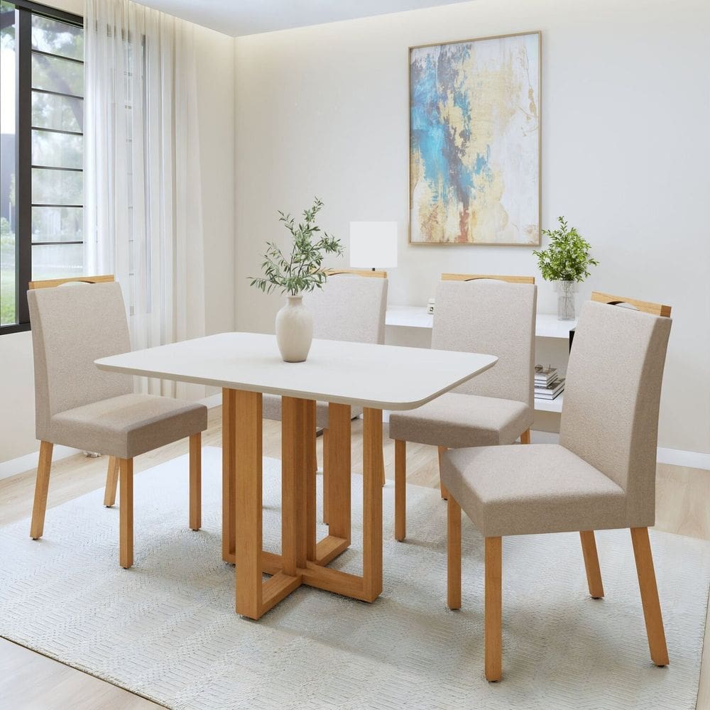 Conjunto Sala de Jantar Mesa Bold 120cm Tampo Mdf e 4 Cadeiras Pés Madeira Maciça Lunen Amêndoa Clean/Off White/Naturale Creme