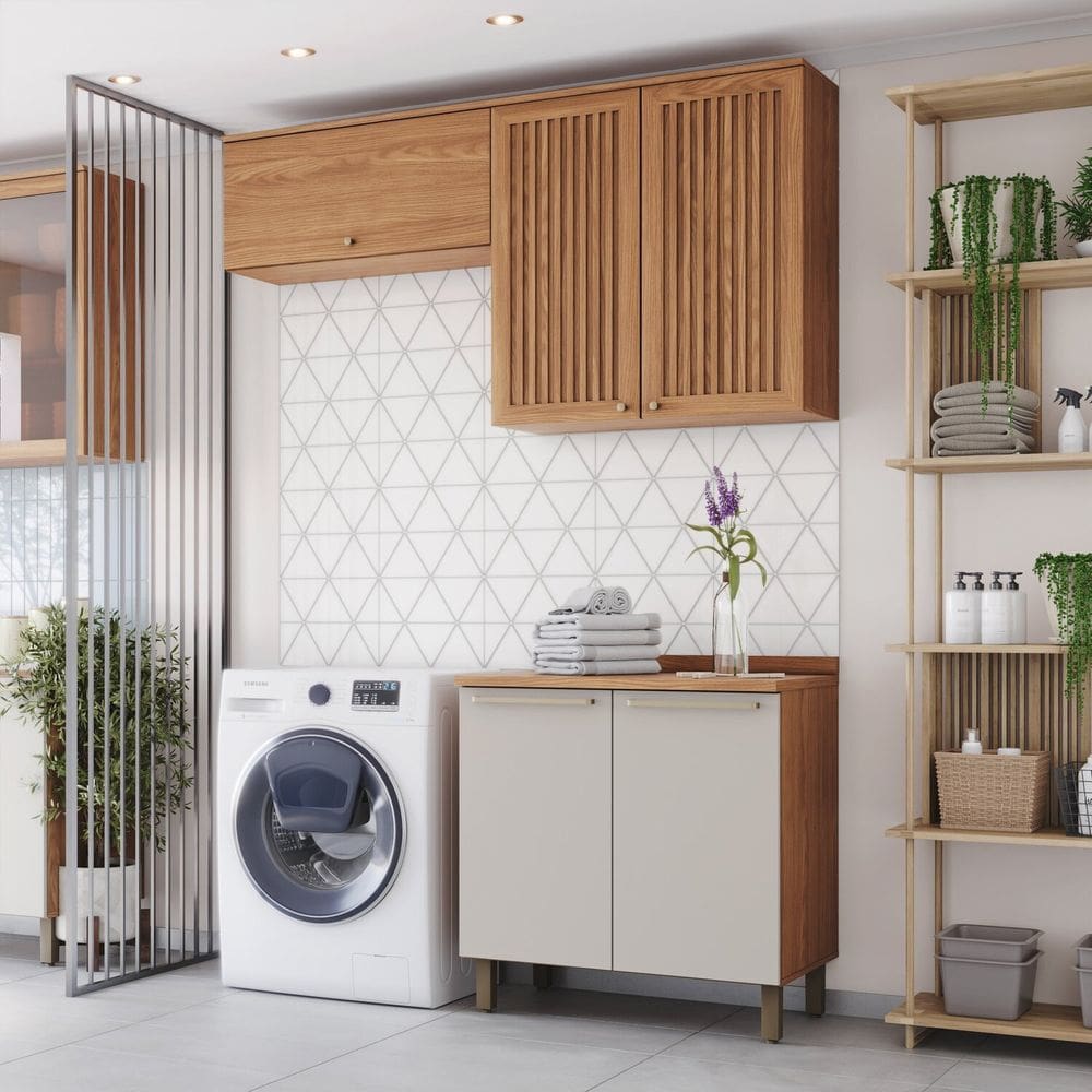 Lavanderia Modulada 3 Peças com Tampo Yasmin Espresso Móveis Natural/Areia