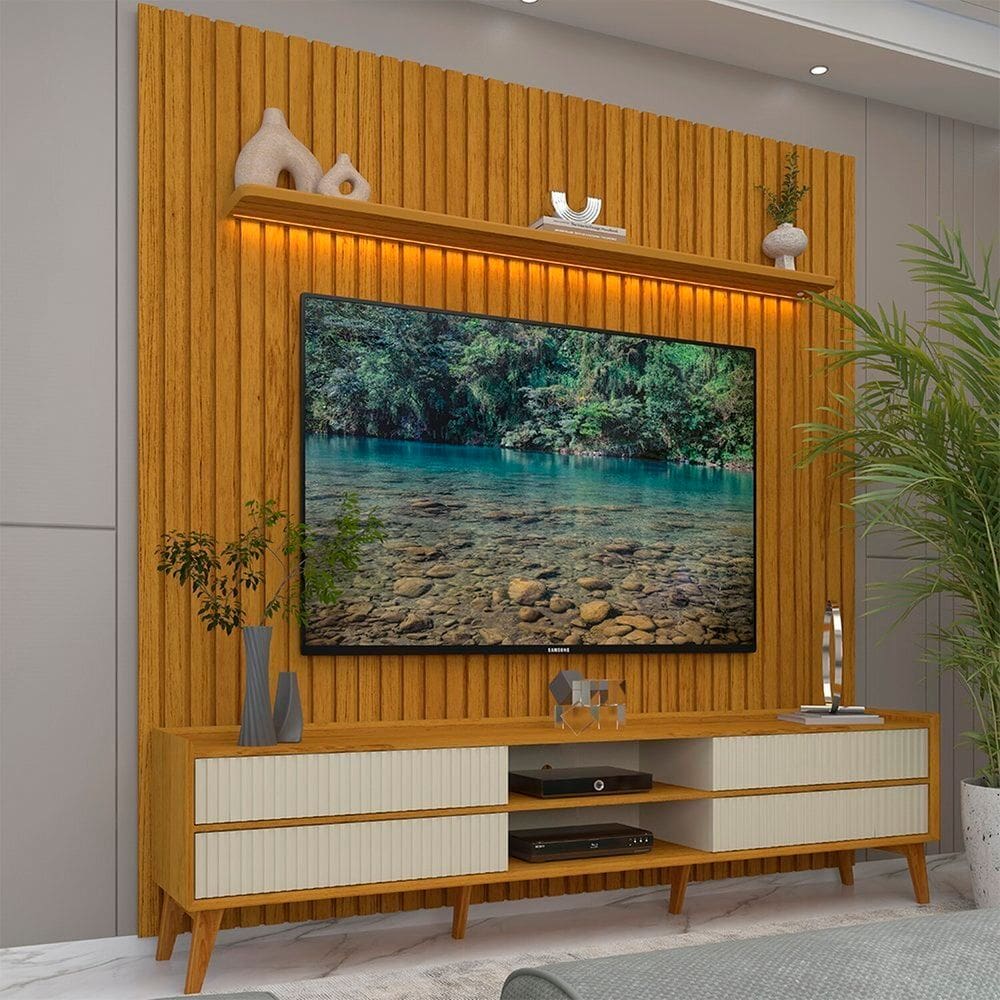 Rack com Painel para Tv 84 Polegadas com Led 4 Gavetas 228,8cm 100% Mdf Nobre Clean/magnífico Naturale/Off White