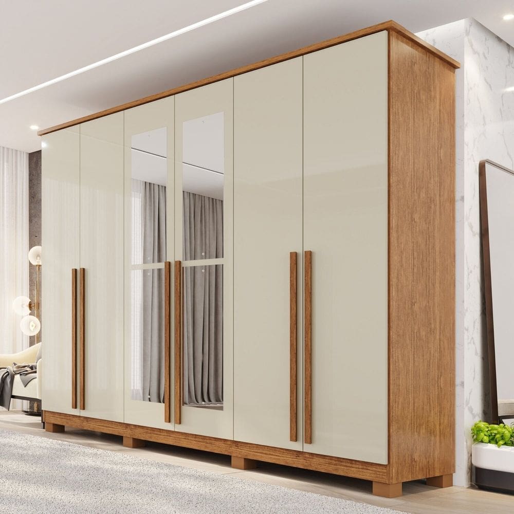 Guarda-roupa Casal com Espelho 6 Portas 4 Gavetas com Pés 100% Mdf Zurique Cinamomo / Off White