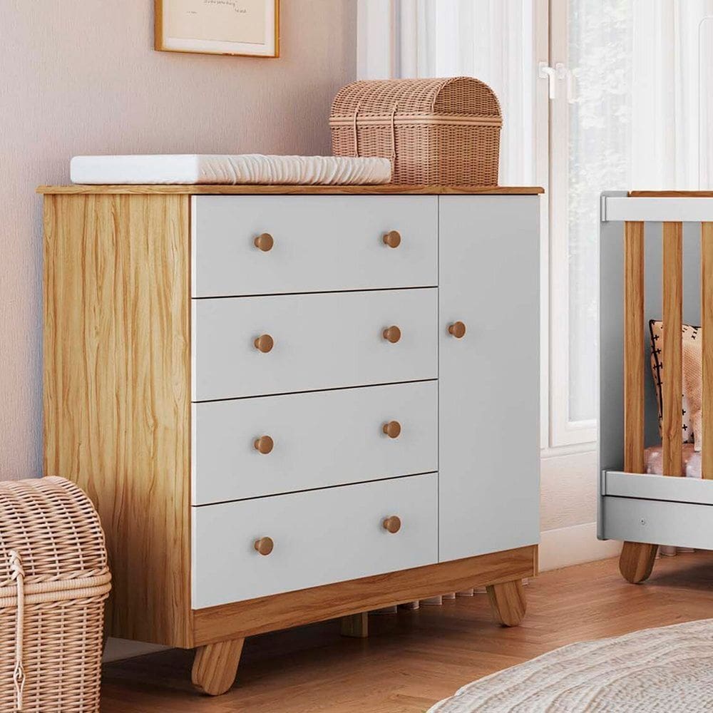 Cômoda Infantil 1 Porta 4 Gavetas 100% Mdf 95cm Levy Espresso Móveis Amêndoa/Branco