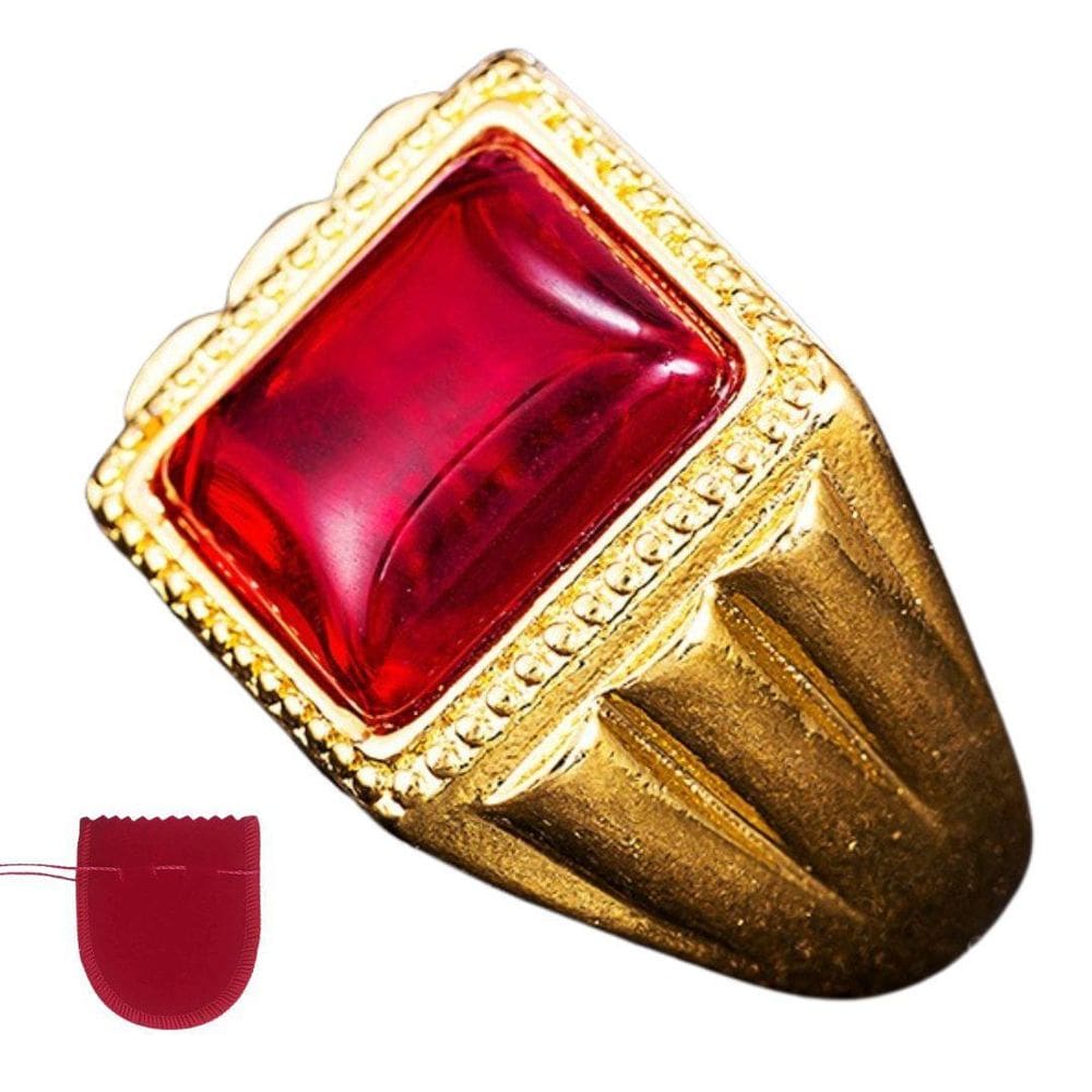 Anel Masculino Dourado Pedra Vermelha Banhado Regulável