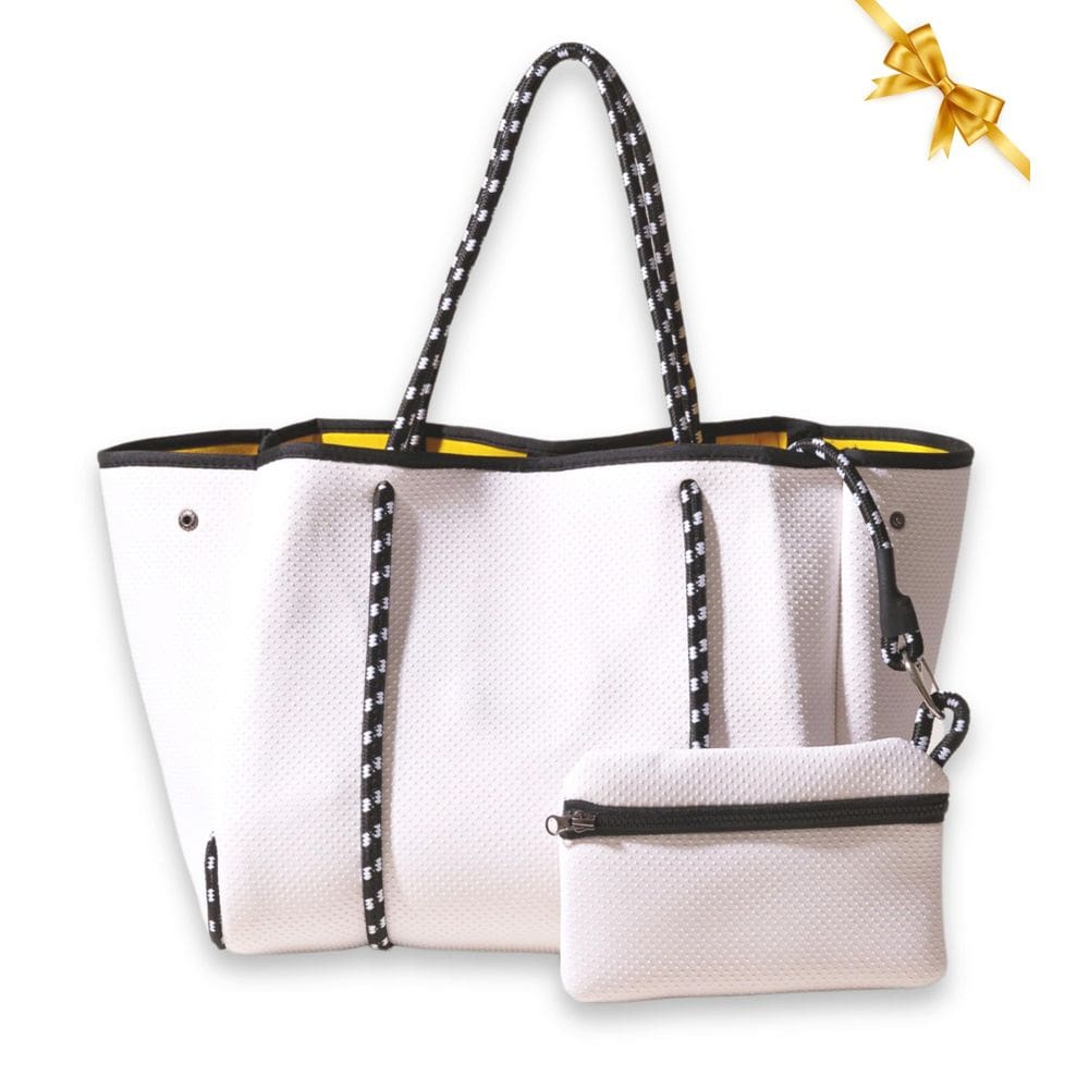 Sacola POUPS grande de neoprene para mulheres branca, amarela, pontilhada