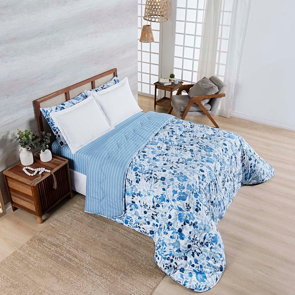 Edredom Cobertor Belle Super King 400 Fios Dupla Face Estampado Florido Azul