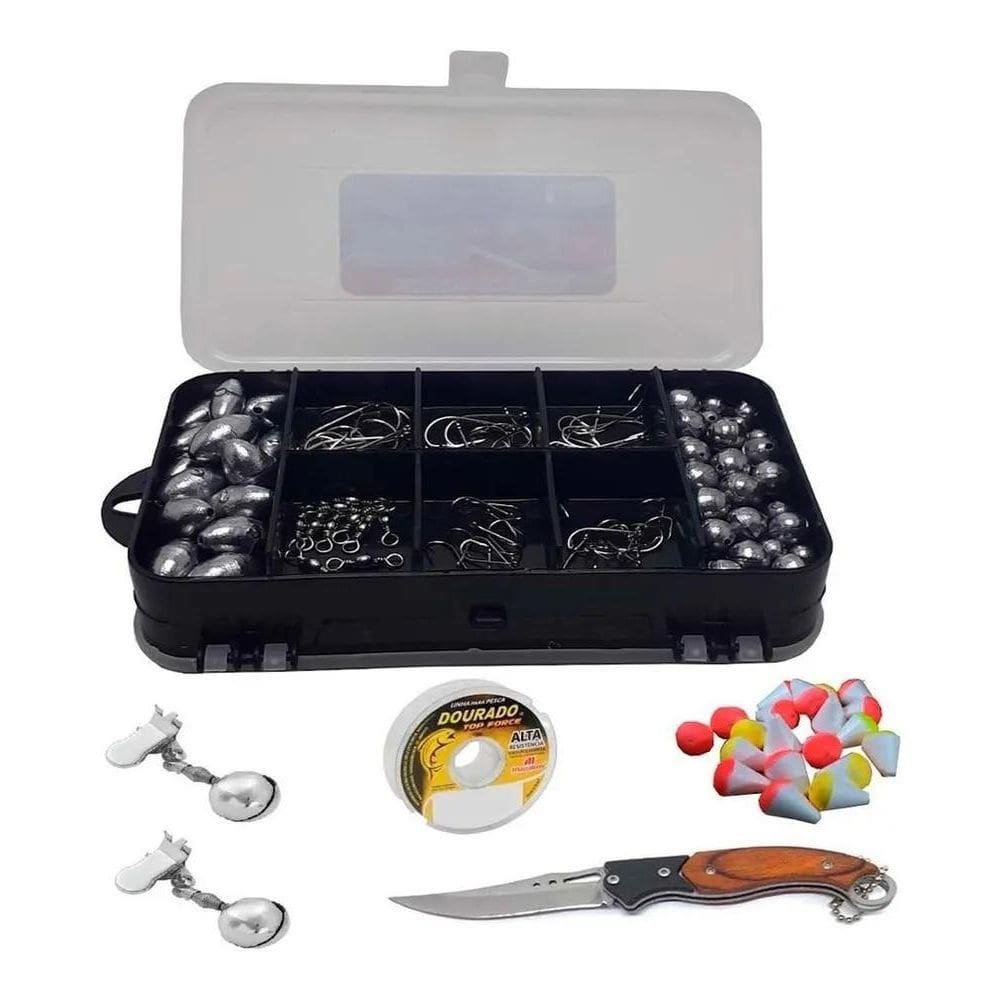 3X Kit Pesqueiro Chumbada Anzol Estojo Linha Boias E Canive