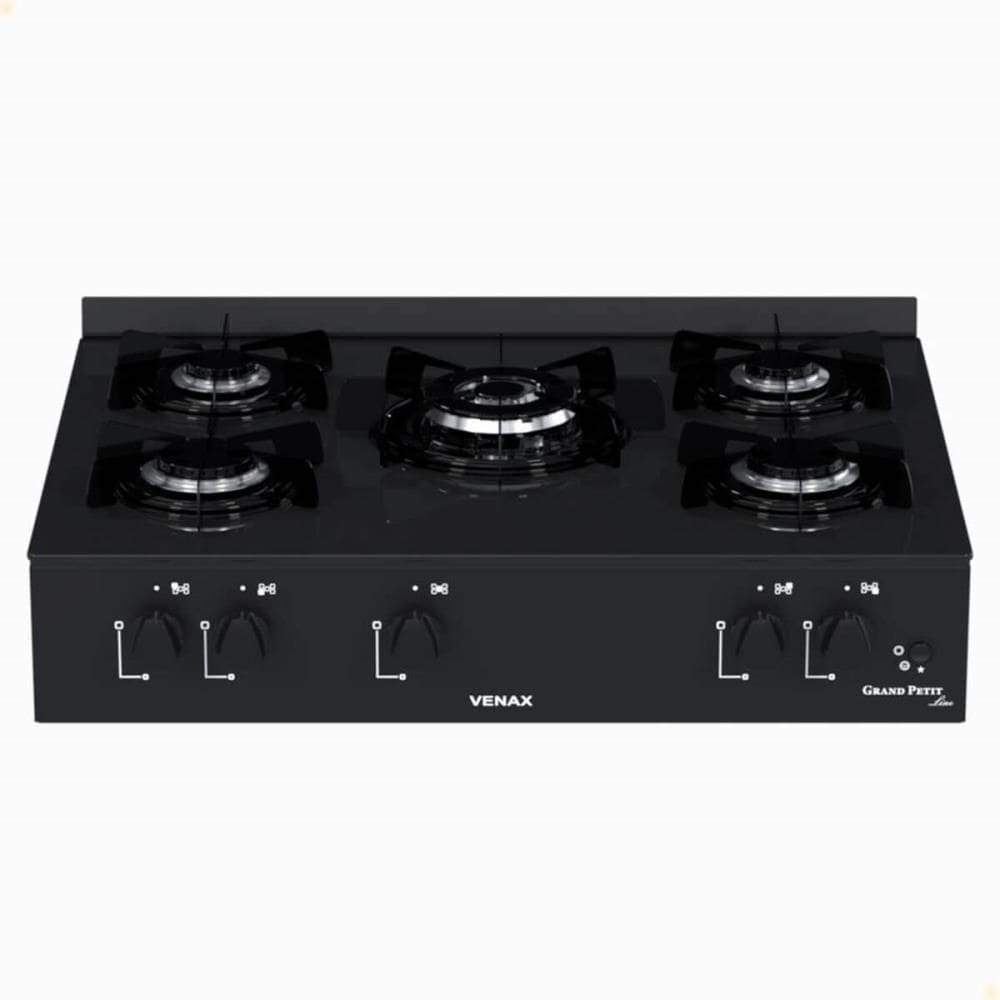 Fogão De Mesa 5 Bocas Venax Grand Petit Line Preto Gás GLP Automático Bivolt 26007