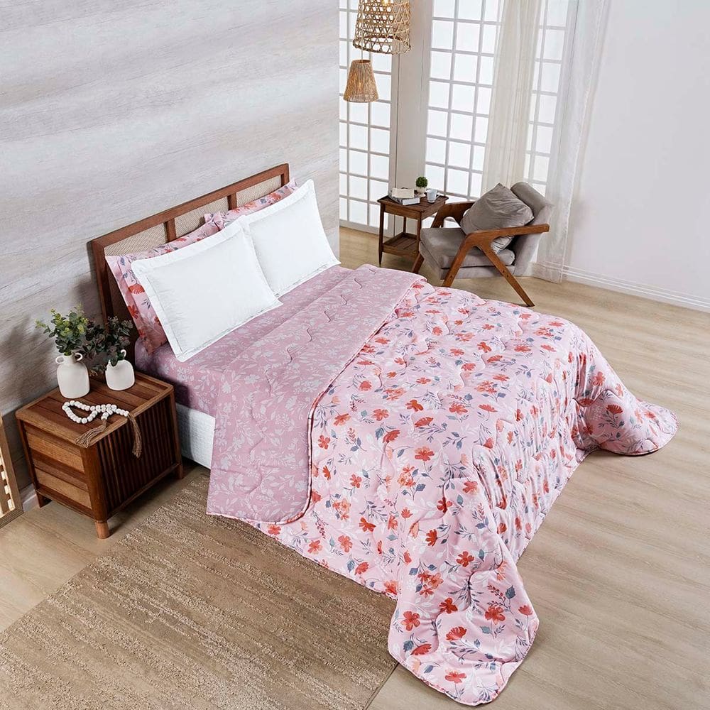 Edredom Cobertor Belle Super King 400 Fios Dupla Face Estampado Floral Rosê