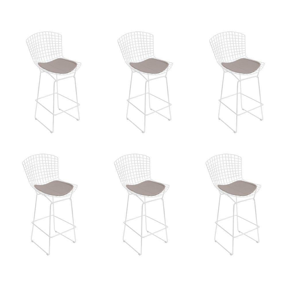 Kit 6 Banquetas Bistrô Bertoia Branca D60 Com Assento Bege