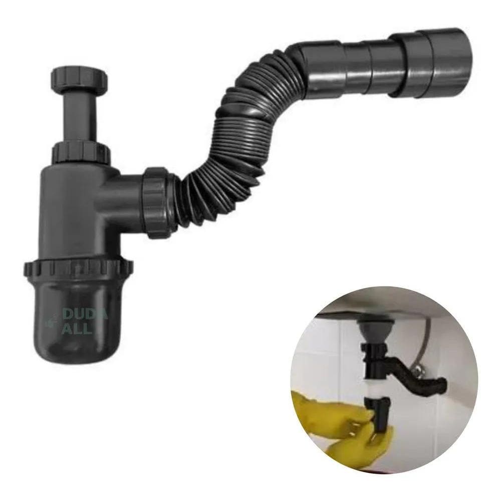 3X Sifão Sanfonado Copo Preto Universal Pia Cozinha Banheiro