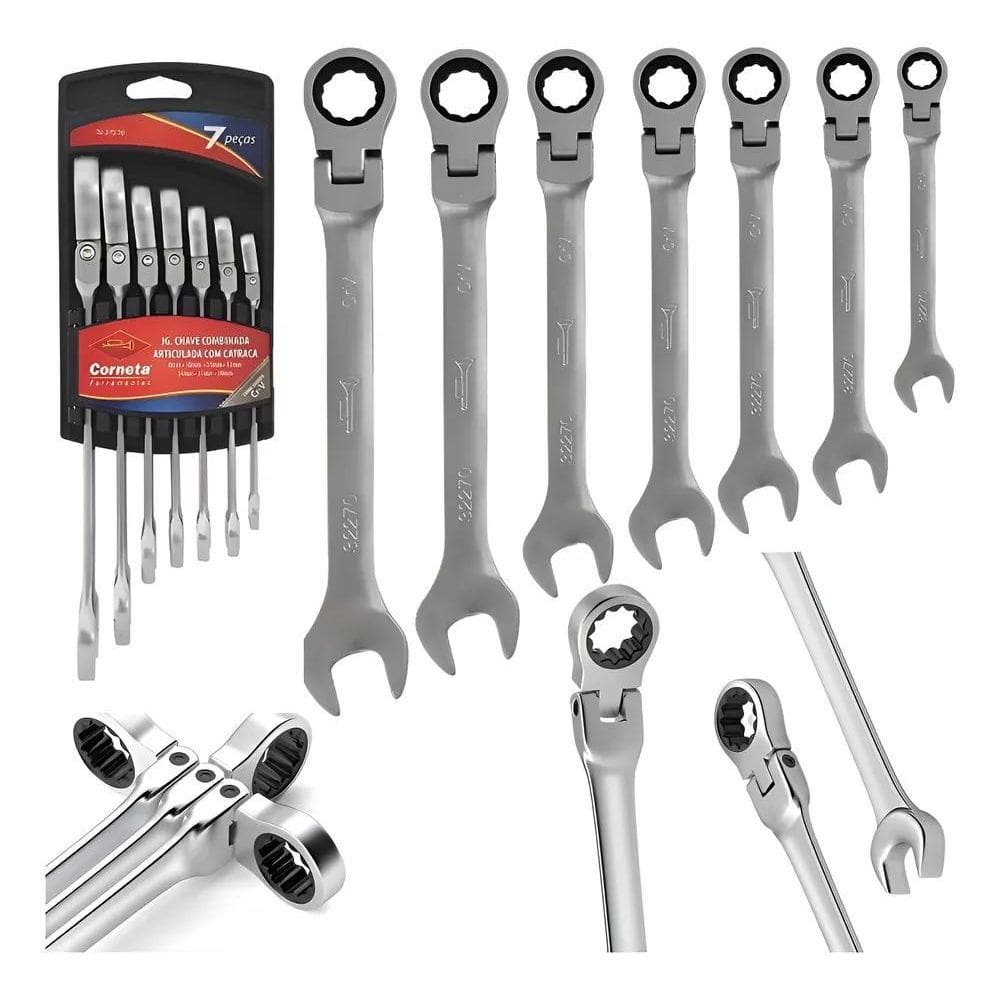 3X Jogo Chave Combinada Articulada C Catraca 7 Peças - Corne