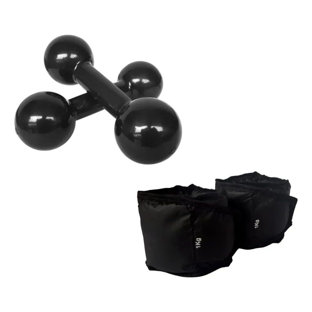 3X Kit Fisioterapia Caneleira 1Kg + Par Halter Emborrachado