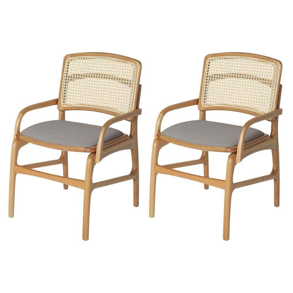 Conjunto 2 Cadeiras De Cozinha Florença Em Madeira Jequitibá Natural Braço Encosto Palha Linho Cinza
