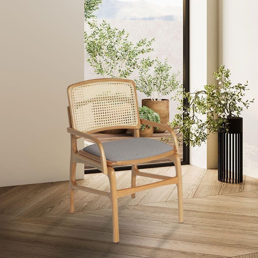 Conjunto 4 Cadeiras De Jantar Florença Em Madeira Jequitibá Natural Braço Encosto Palha Linho Cinza