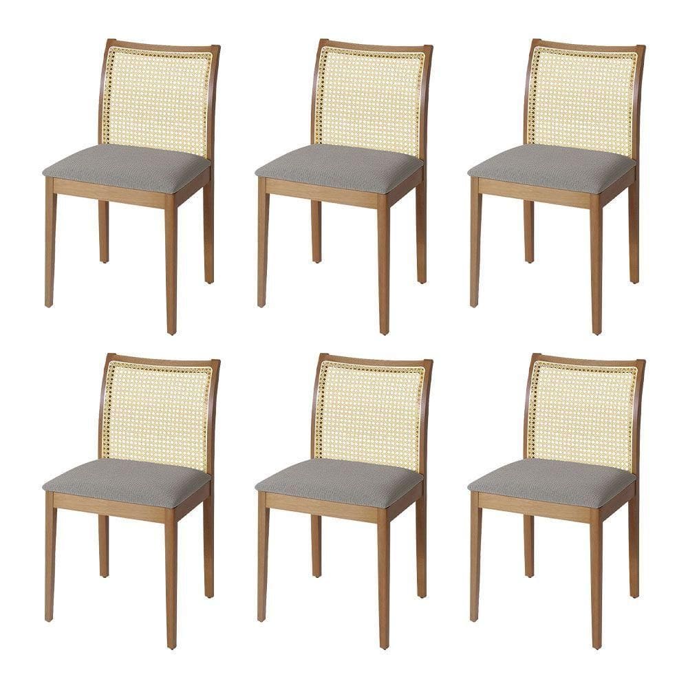 Jogo 6 Cadeiras Para Jantar Juliana Jequitibá Natural Estrutura Em Madeira Maciça Linho Cinza
