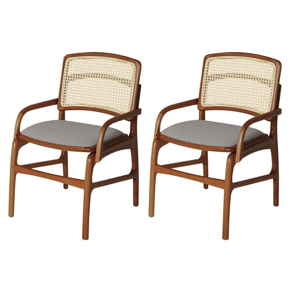 Jogo 2 Cadeiras De Jantar Florença Estrutura Em Madeira Jequitibá Terra Braço Encosto Palha Linho Cinza
