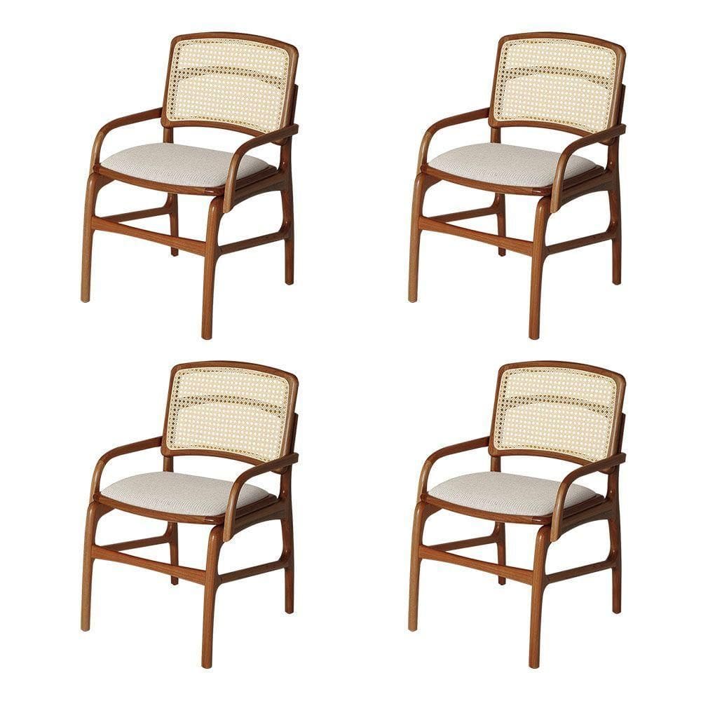 Jogo 4 Cadeiras De Jantar Florença Estrutura Em Madeira Jequitibá Terra Braço Encosto Palha Linho Bege