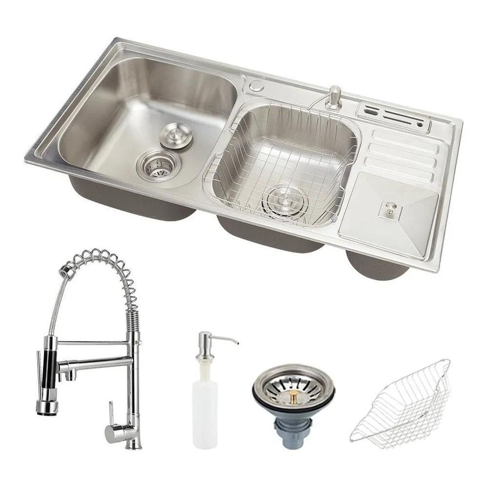 3X Kit Cuba Para Cozinha Pia Dupla Em Aço Inox Com Lixeira N