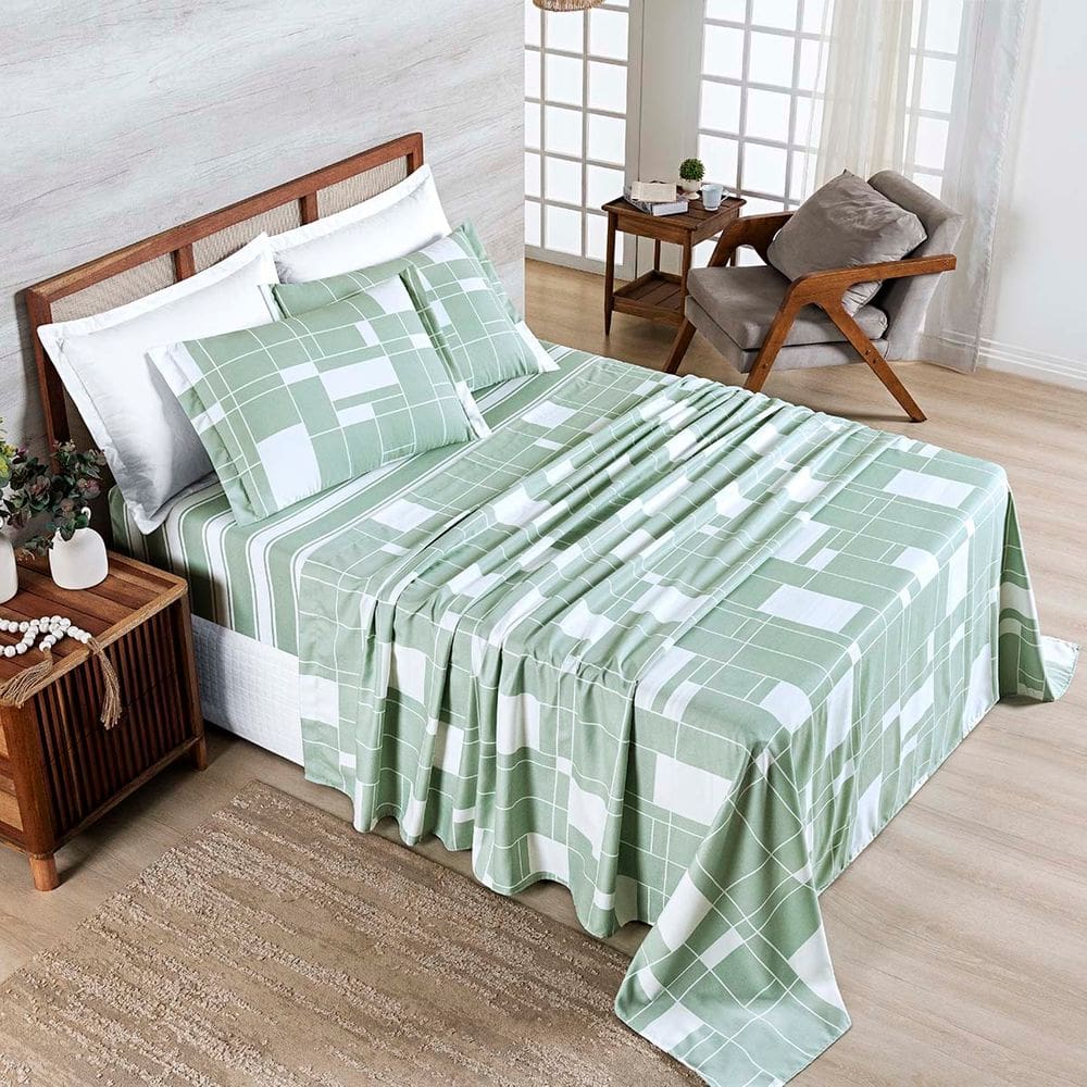 Jogo Cama Lençol Belle King 400 Fios Estampado 4 Peças Quadriculado Verde