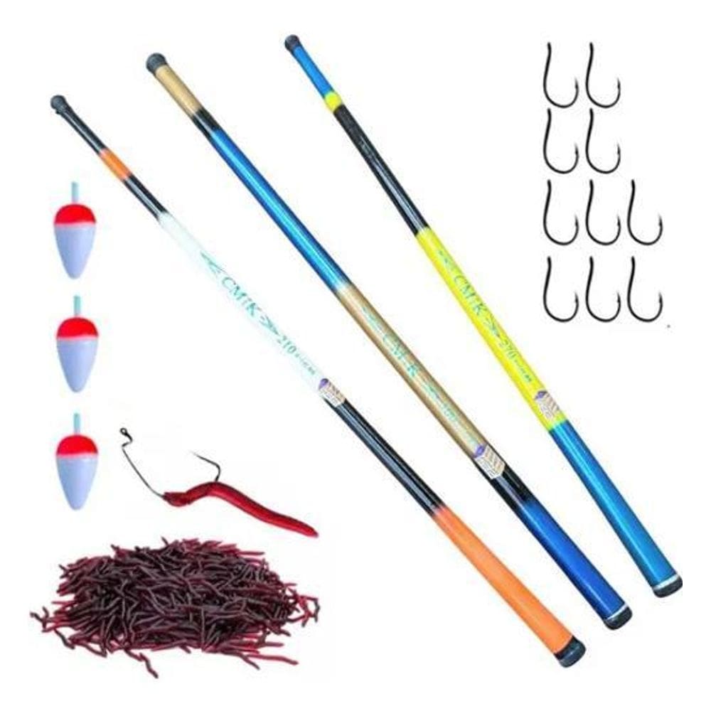 3X Kit 3 Vara Pesca Telescópica 2,10M 2,70M E 3,00 Metros Fi