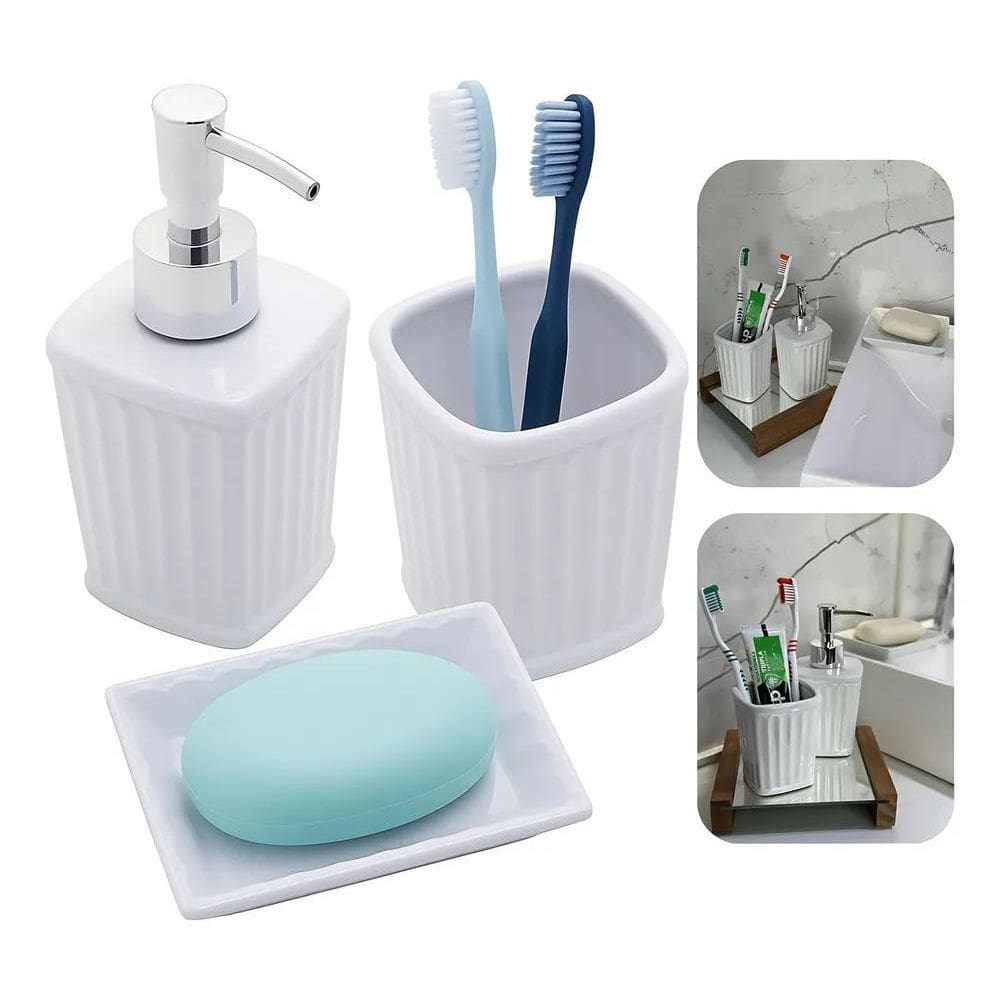 3X Conjunto De Pia Banheiro 3 Peças Cerâmica Branco Luxo Lyo