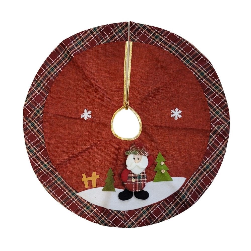 Saia para Árvore de Natal 70cm Linho Vinho Pelúcia Papai Noel e Borda Xadrez Prime