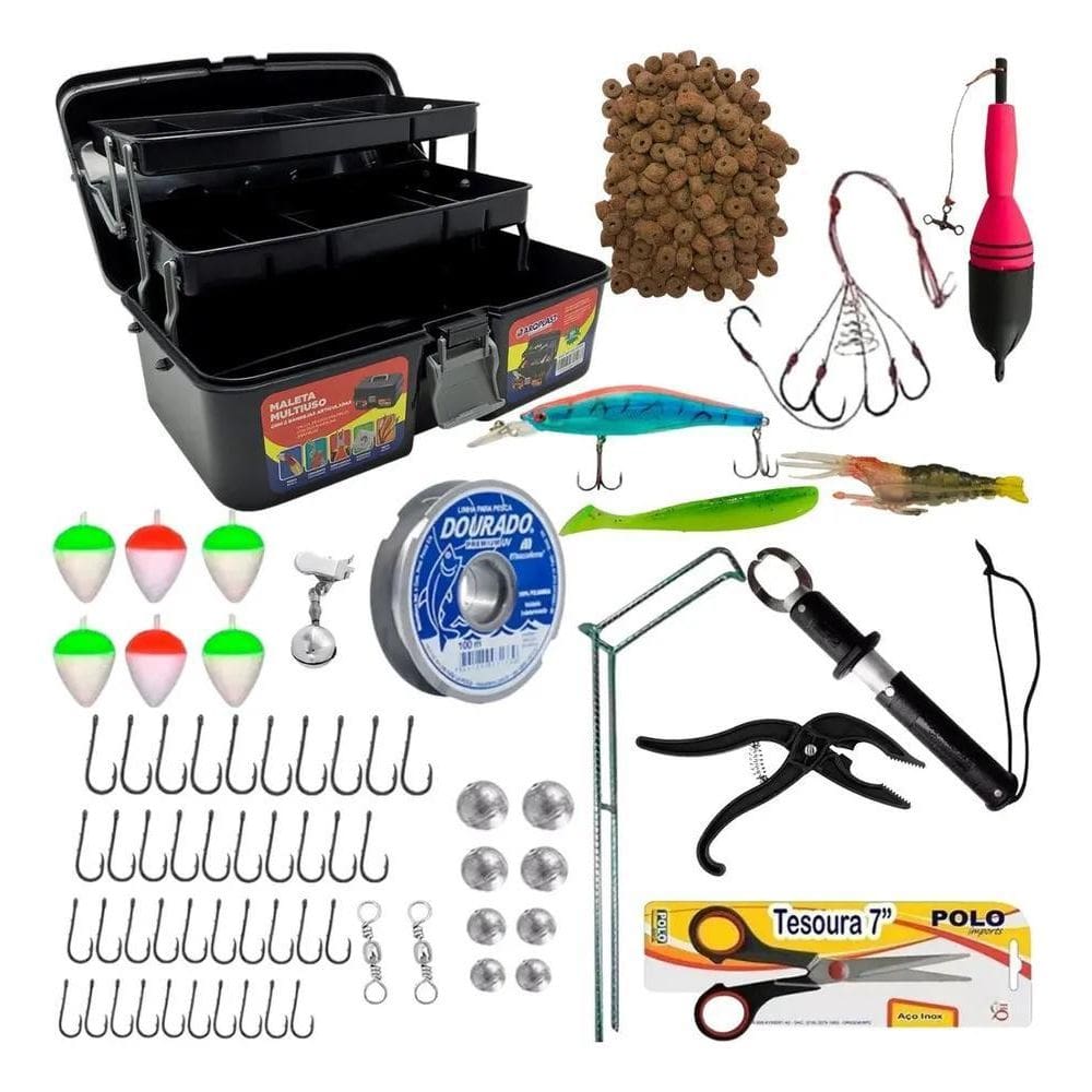 3X Kit Pesca Completo Maleta Iscas Anzol Chumbada E Alicate