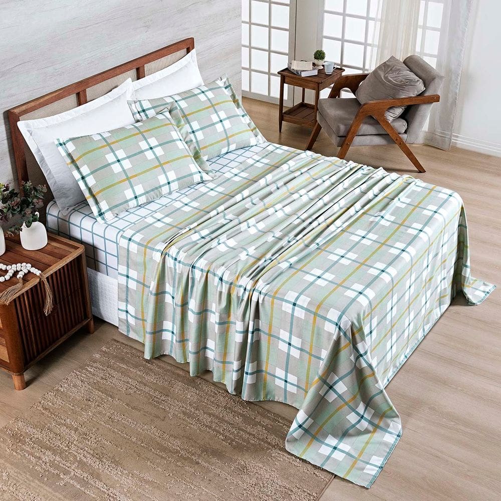 Jogo Cama Lençol Belle King 400 Fios Estampado 4 Peças Grid Verde
