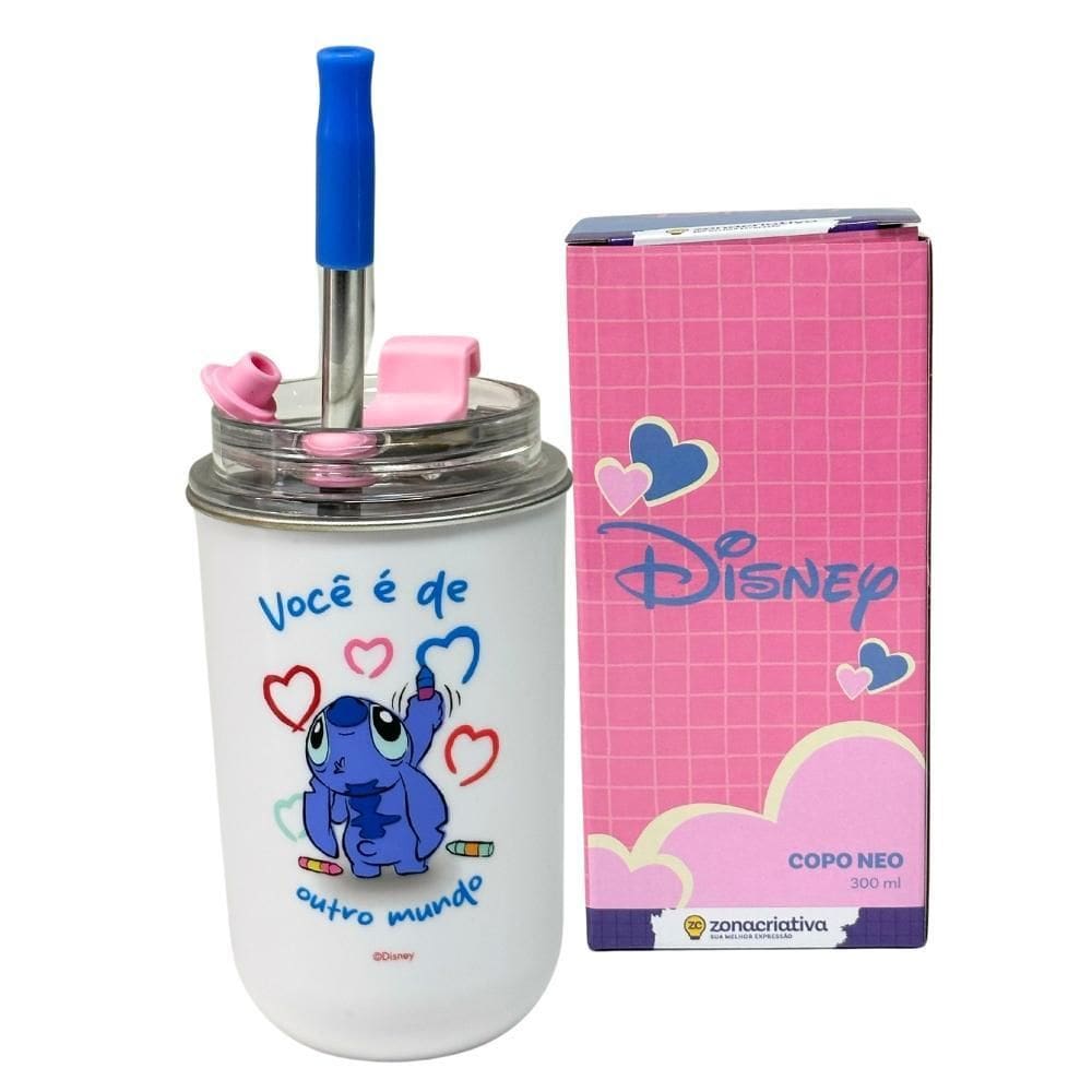 Copo Inox Com Canudo E Tampa 300Ml Stitch E Angel - Zc