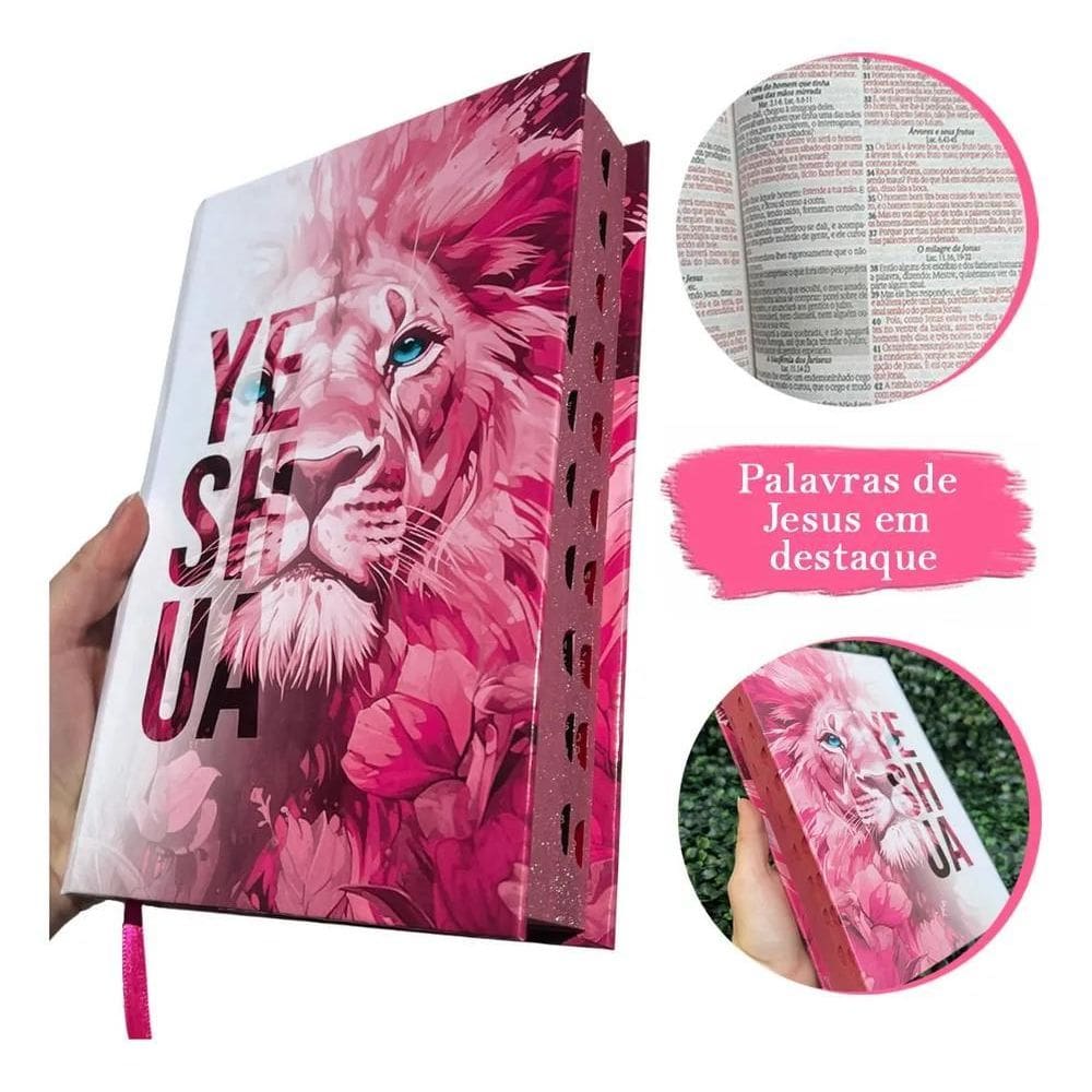 3X Bíblia Sagrada Feminina Leão Yeshua  Jesus  Rosa Capa Dur