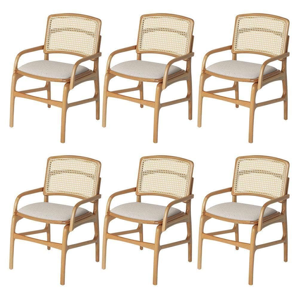 Jogo 6 Cadeiras Para Jantar Florença Em Madeira Jequitibá Natural Braço Encosto Palha Linho Bege