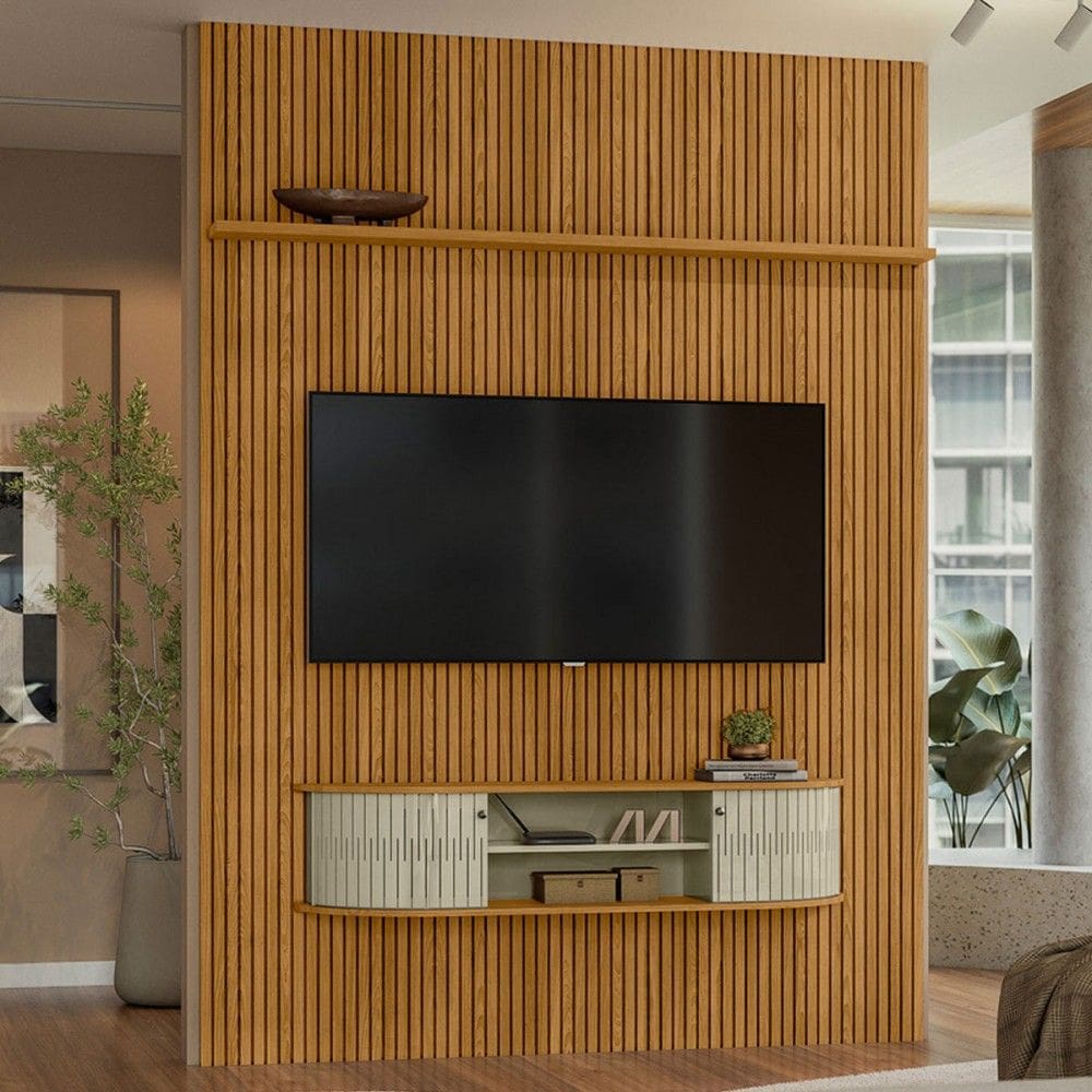 Painel para TV Até 65 Polegadas Monte Eli 2 Portas 2 Prateleiras Cumaru/Opala - Pnr Móveis
